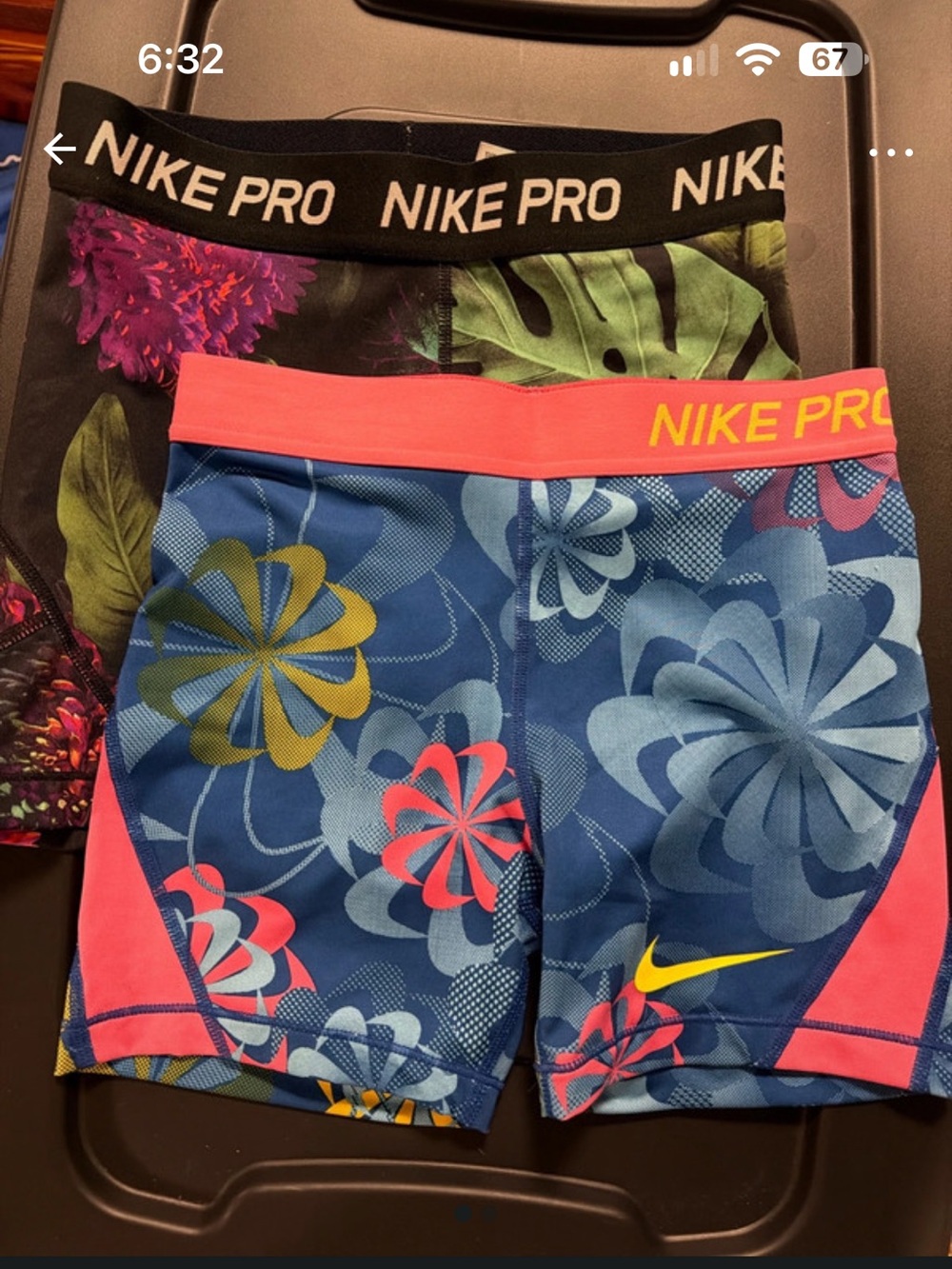 Nike Pro Girls Floral Blue Compression Shorts with Pink Waistband